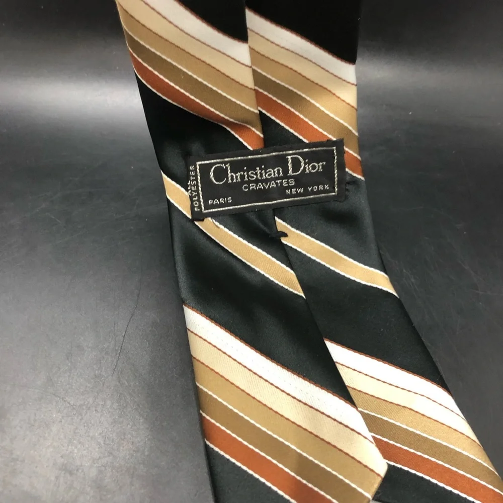 Vintage Christian Dior Cravates black brown tan striped neck Tie